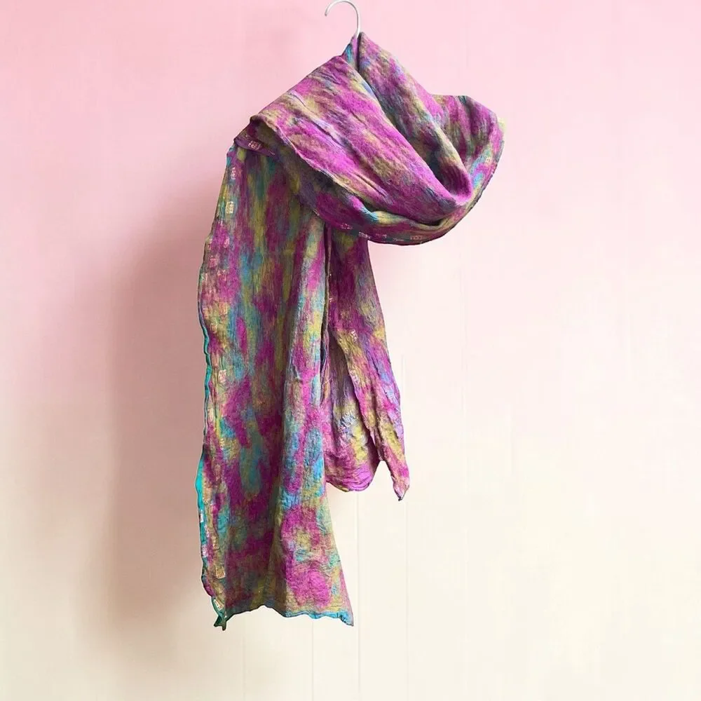 Hand-Felted Lagenlook Wool & Silk Green Multi Color Shawl Scarf Art to Wear
